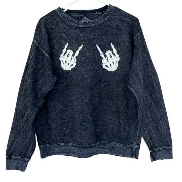 Tops - Skeleton Crew Neck Pullover Sweatshirt, Acid Wash Womens Size Medium Black